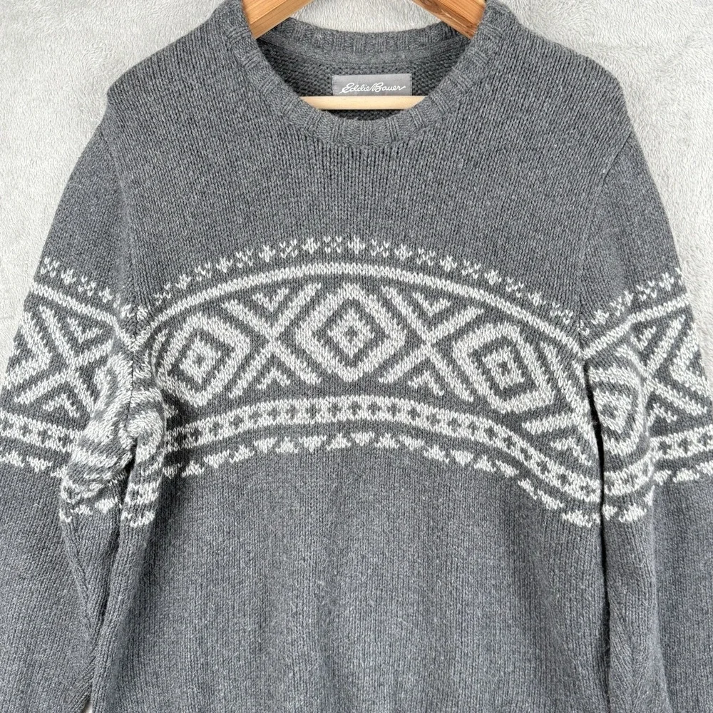 Eddie Bauer‎ Sweater Mens L Gray Cotton Wool Ski Nordic Knit Pullover Winter - Picture 2 of 9